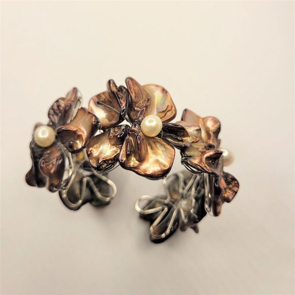Golden Brown Cuff Bracelet with Freshwater Pearls and Mother Of Pearl - NEW - Picture 1 of 15